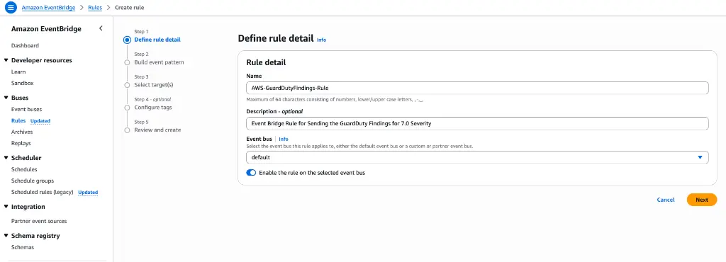EventBridge console showing the creation of a rule for GuardDuty findings