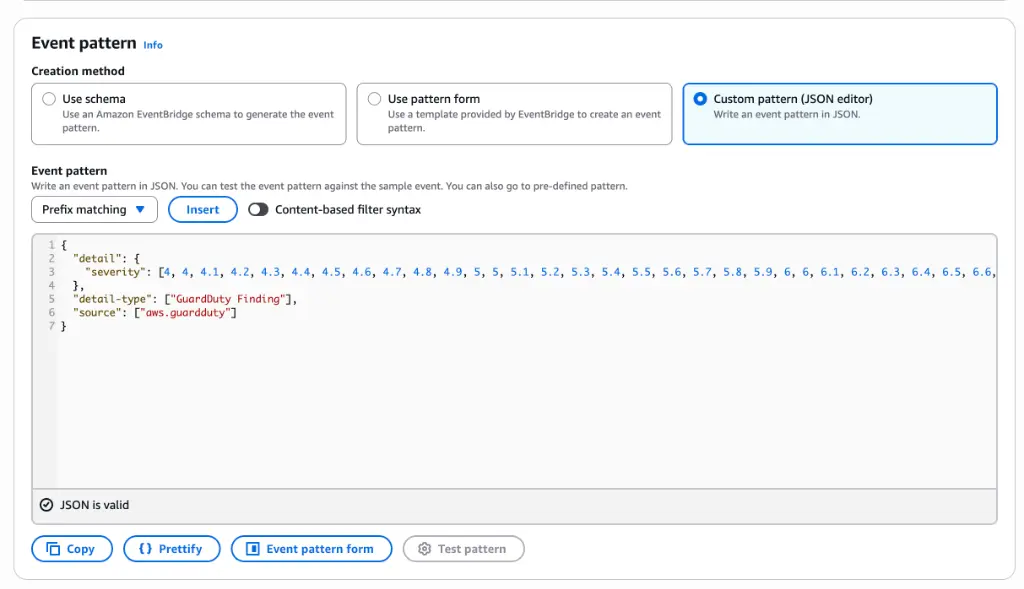 EventBridge console showing the custom JSON event pattern with severity numeric matcher