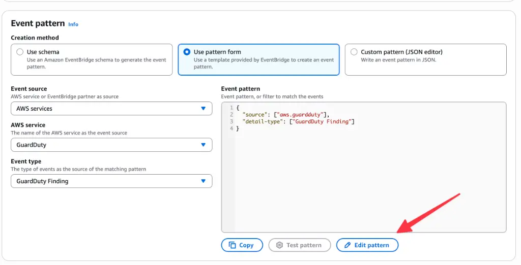 EventBridge console showing the event pattern form for GuardDuty