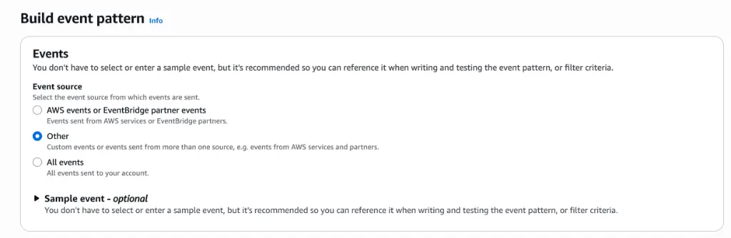 EventBridge console showing event source configuration