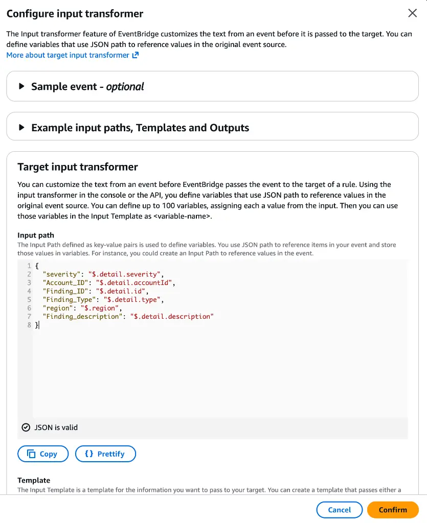 EventBridge console showing the input transformer configuration modal