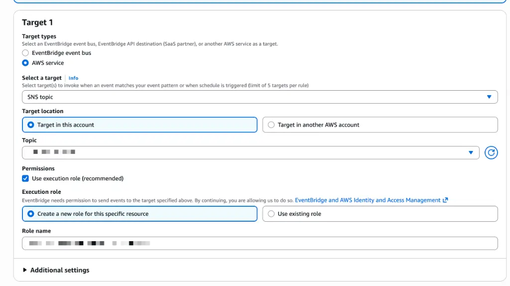 EventBridge console showing Target 1 configuration
