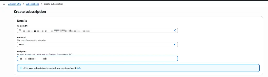 SNS console showing the creation of an email subscription