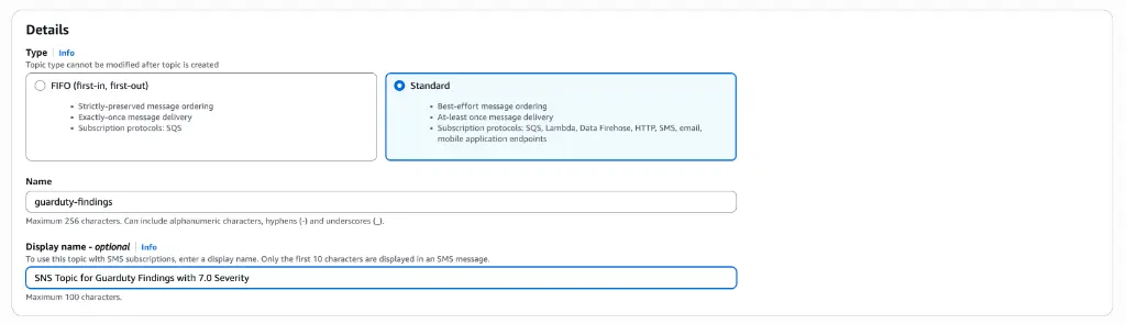 SNS console showing the creation of a standard topic for GuardDuty findings